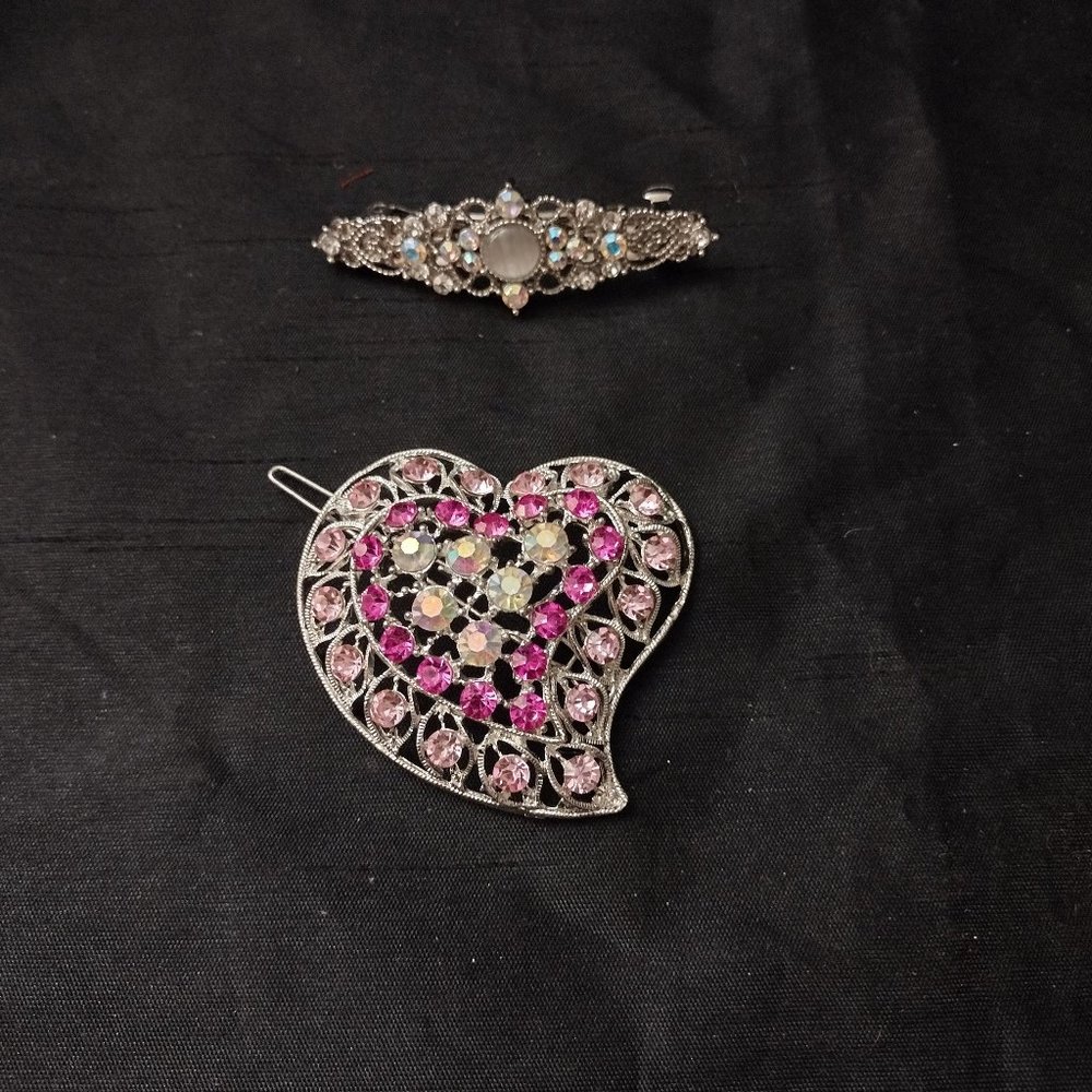 New SET OF 2 -  Pink Crystal Heart Shaped Hair Clip + Diamond Clip